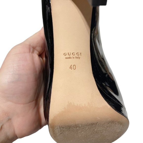 𝅺GUCCI Patent Leather Malaga Kid Horsebit Peep Toe Pumps Black - Picture 8 of 9